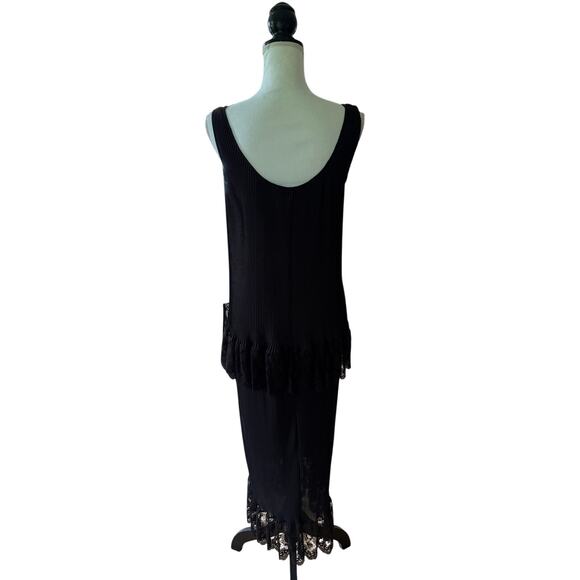 Vintage Fernado Sanchez Dress Sheer Accordion Pleat Lace Black Tiered Column - Picture 2 of 5